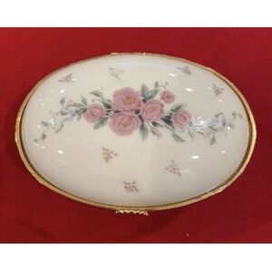 Vintage Lenox Porcelain Oval Floral Pink Rose Painted Jewelry Hinged Trinket Box